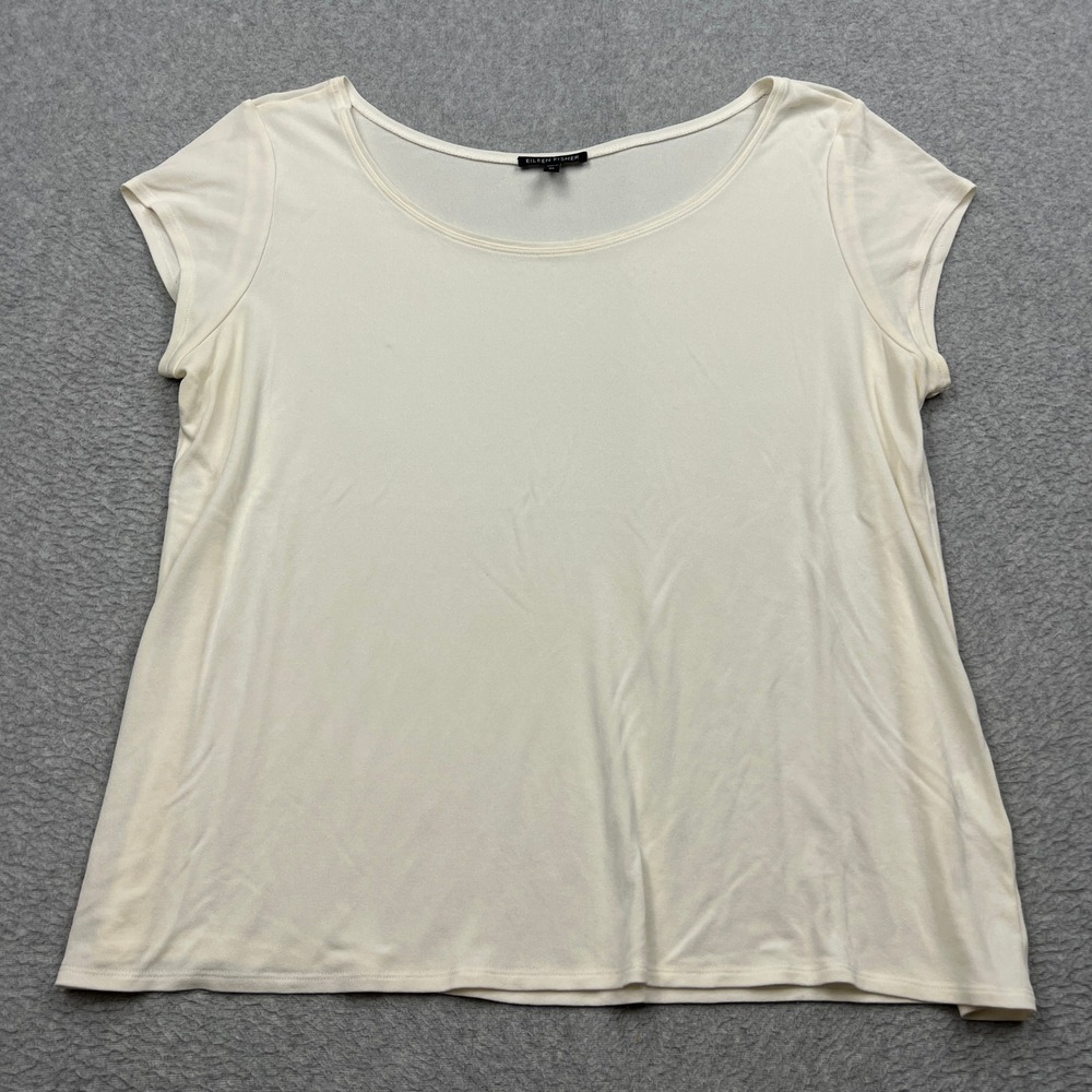 Eileen Fisher 100% Silk Top Womens XL Cream Scoop Neck Cap Sleeve Lightweight